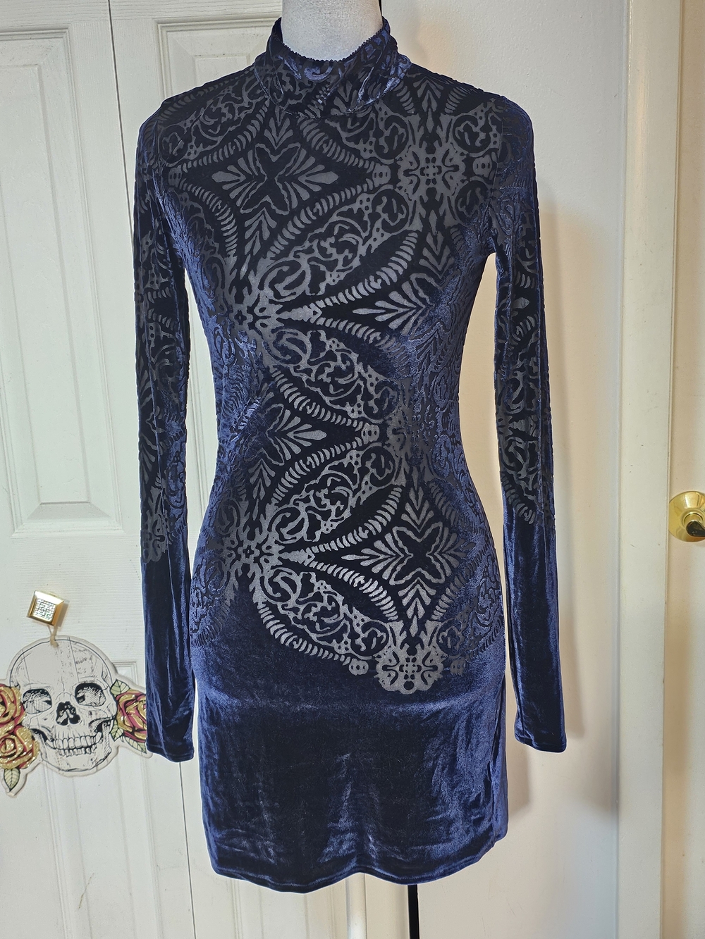 Free People Navy Velvet Burnout Long Sleeve Mini Dress